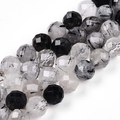 Natural Black Rutilated Quartz Bead Strands G-S345-8mm-30-1