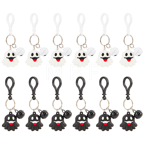 12Pcs 2 Colors Halloween Theme Cute Cartoon PVC Ghost Pendant Keychain with Bell Charm KEYC-CP0001-15-1