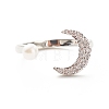 Clear Cubic Zirconia Moon Open Cuff Ring with Imitation Pearl for Women RJEW-A003-01P-2