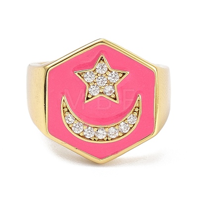 Hexagon with Star & Moon Clear Cubic Zirconia Wide Band Ring for Girl Women ZIRC-C025-44G-1