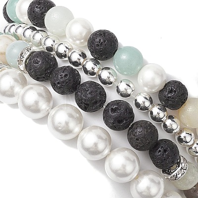 4Pcs 4 Styles 6/8mm Round Natural Lava Rock & Flower Amazonite & Shell Pearl Beaded Stackable Stretch Bracelet Sets BJEW-JB10333-1