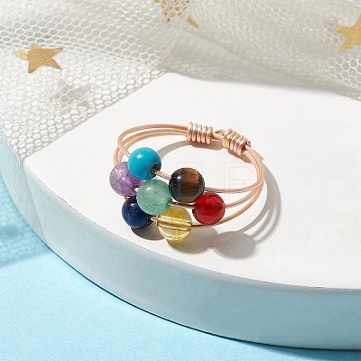 Natural & Synthetic Mixed Gemstone Round Beaded Chakra Theme Fringer Ring RJEW-TA00107-1