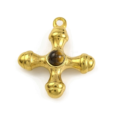 Natural Tiger Eye & 304 Stainless Steel Cross Pendants STAS-H221-01G-08-1