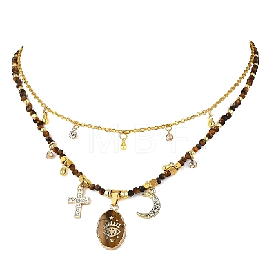 Natural Tiger Eye Oval Pendant Brass Cable Chain Double Layer Necklaces for Women NJEW-JN06196-1