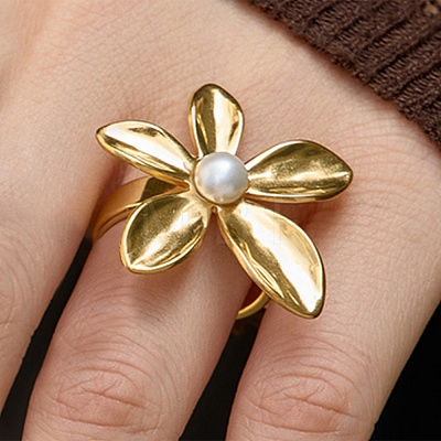 304 Stainless Steel Shell Beads Cuff Open Rings for Women RJEW-E301-01B-1