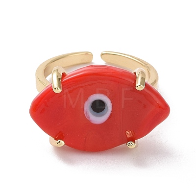 Lampwork Oval with Evil Eye Open Cuff Ring RJEW-I086-13G-08-1