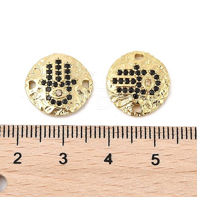 Brass Micro Pave Black Cubic Zirconia Disc with Hamsa Hand Connector Charms KK-P300-24G-02-1