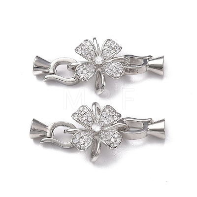 Rack Plating Flower Brass Pave Clear Cubic Zirconia Fold Over Clasps KK-E080-01P-1