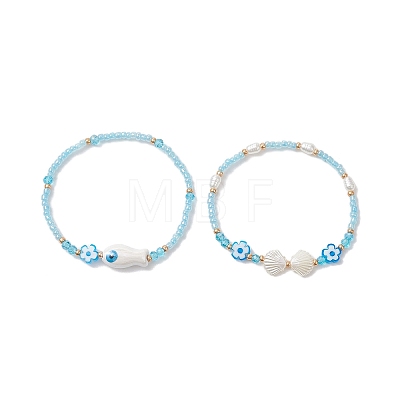 2Pcs Glass with ABS Imitation Pearl Acrylic Beaded Bracelets for Women BJEW-MZ00293-1