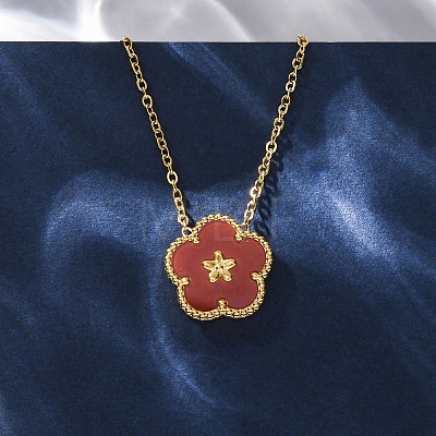 304 Stainless Steel Dark Red Enamel 5-Petal Flower Pendant Necklaces for Women NJEW-U032-17G-04-1