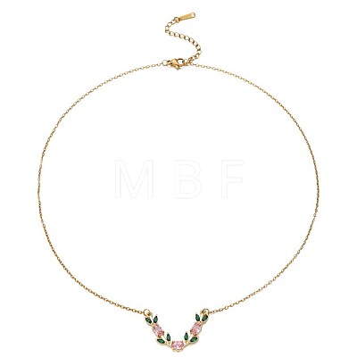 Brass Pave Cubic Zirconia Leaf V Shaped Pendant Necklaces for Women WG6C61B-02-1
