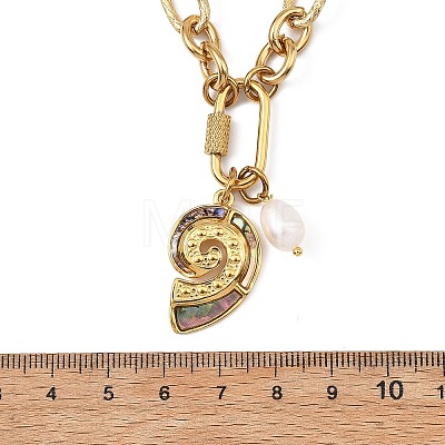 Ocean Natural Paua Shell 304 Stainless Steel Sea Animals & Rice Natural Pearl Pendant Figaro Chain Necklaces NJEW-JN06304-1