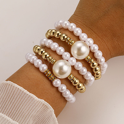 5Pcs 5 Styles Stylish CCB Plastic & Plastic Pearl & Rhinestone Beads Stretch Bracelets for Women WGF408F-02-1
