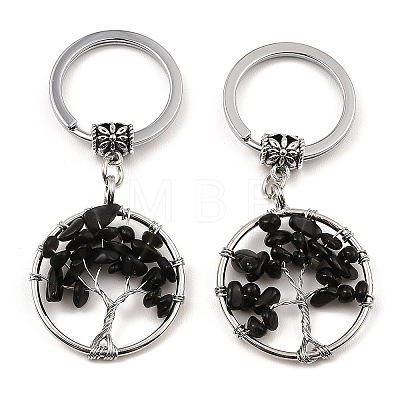 Natural Obsidian Flat Round with Tree of Life Pendant Keychain KEYC-E023-03U-1