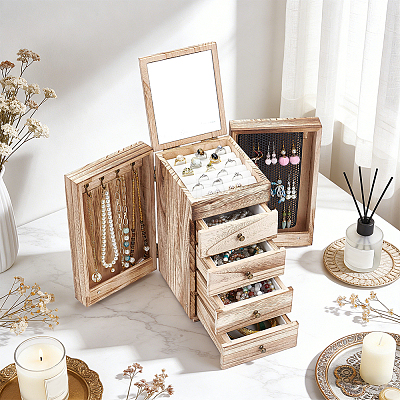 5-Tier Wood Jewelry Organizer Drawer Boxes with Mirror for Rings Earrings Bracelets Necklaces AJEW-WH0696-827-1