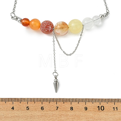 Natural Carnelian & Red Agate & Quartz Crystal Round Graduated Beaded Pendant 304 Stainless Steel Cable Chain Necklaces for Women NJEW-TA00242-01-1
