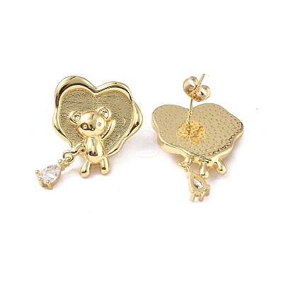 Clear Cubic Zirconia Heart with Bear Dangle Stud Earrings EJEW-P214-17G-1