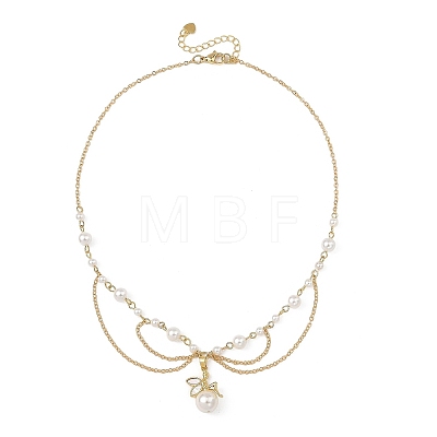 Natural Shell Brass Fairy Pendant Brass & White Round Shell Pearl Beaded Chain Necklaces for Women NJEW-JN06405-1