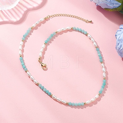Faceted Round Natural Amazonite and Rice Natural Pearl Beaded Necklaces for Women NJEW-JN05816-04-1