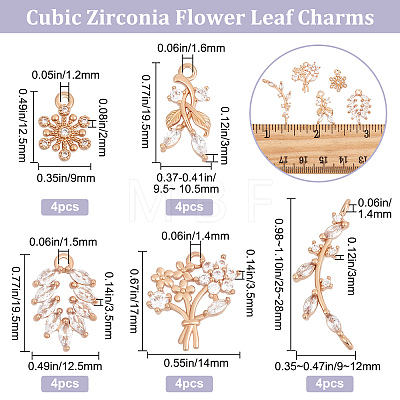 20Pcs 5 Styles Brass Micro Pave Clear Cubic Zirconia Pendants KK-BBC0005-69-1