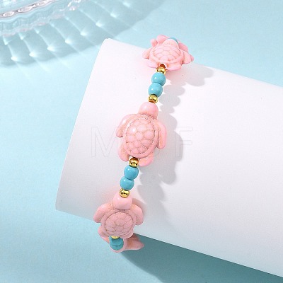 Synthetic Turquoise & Brass Beads Stretch  Bracelets for Women BJEW-JB13876-03-1