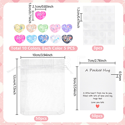 50Pcs 10 Colors Heart Translucent Water Ripple Resin Cabochons DIY-PH0036-55-1