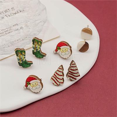 4 Pairs Santa Claus & Boot & Christmas Tree Printed Wood Stud Earrings EJEW-OY001-03-1