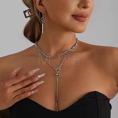 Alloy Glass Black Square Pendant Double Layer OT Lariat Necklaces with Plastic Beads for Women WG26488-01-1