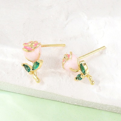 Valentine's Day Flower Brass Micro Pave Clear Cubic Zirconia Stud Earrings EJEW-T051-01G-1