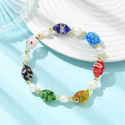 Handmade Millefiori Glass & Natural Cultured Freshwater Pearl Beads Stretch Bracelets for Women BJEW-JB13848-1