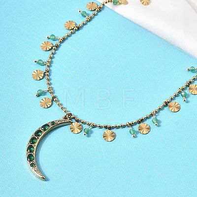 304 Stainless Steel Pave Green Cubic Zirconia Moon Pendant Necklaces for Women NJEW-F362-03G-1