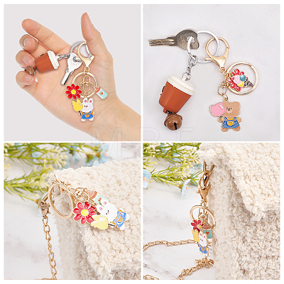 Globleland 2Pcs 2 Style Cute Cotton Candy Theme Bear/Rabbit Alloy Enamel Pendant Keychain with Ice Cream and Flower Charm KEYC-GL0001-04-1