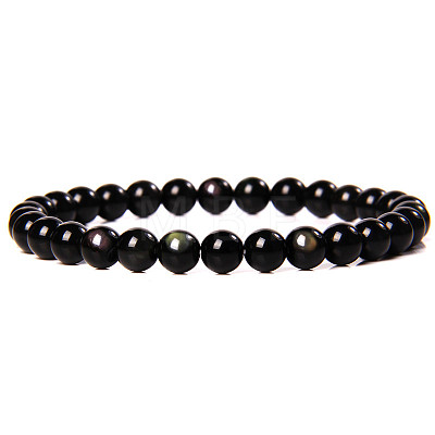 Natural Golden Sheen Obsidian Stone Round Beaded Stretch Bracelet SF8562-24-1