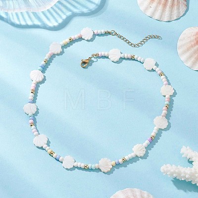 Summer Beach Natural White Shell and Glass Seed Beaded Necklaces NJEW-JN05855-01-1