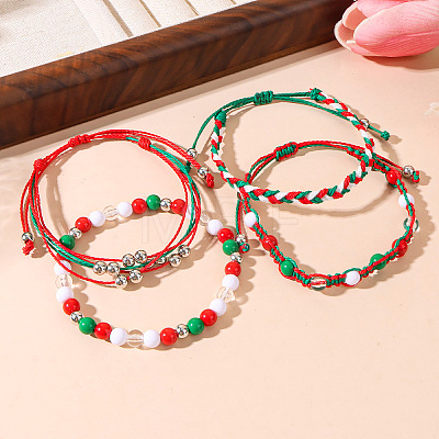 4Pcs 4 Styles Christmas Acrylic Beads Braided Bead Bracelets & Stretch Bracelets & Cotton Cord Braided Bracelets FS-WG84904-01-1