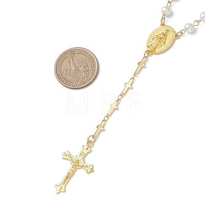 Round White Shell Pearl & Brass Rosary Bead Necklaces NJEW-JN05836-1