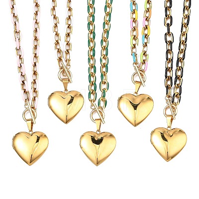 304 Stainless Steel Enamel Photo Heart Locket Pendant Cable Chain Necklaces with OT Clasps for Women Men NJEW-JN06005-1