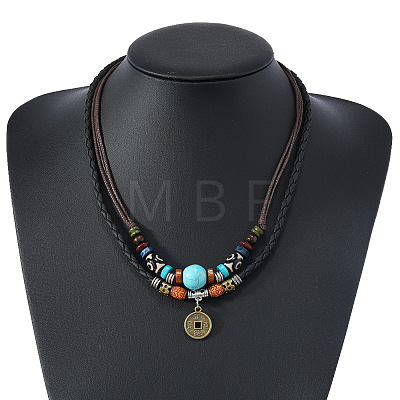 Adjustable Coin Alloy & Synthetic Turquoise & Wood Beaded Pendant Necklaces FS-WG4430E-01-1