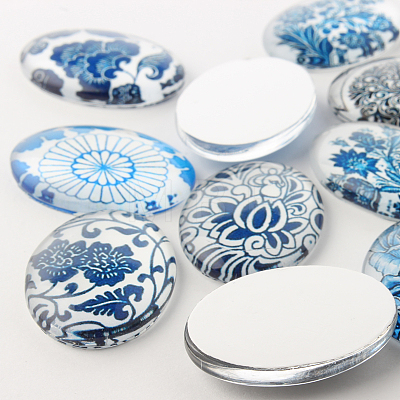 Blue and White Floral Theme Ornaments Glass Oval Flatback Cabochons X-GGLA-A003-18x25-YY-1