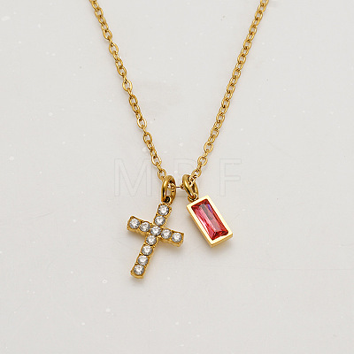 304 Stainless Steel Pave Cubic Zirconia July Birth Stone Religion Cross and Rectangle Pendant Necklaces WG51992-03-1