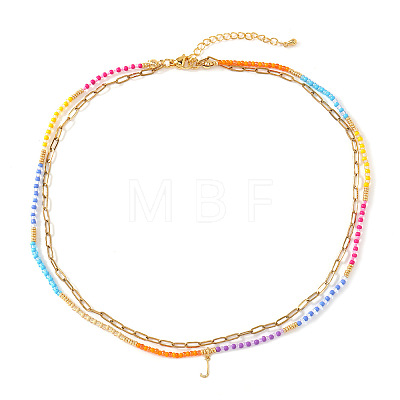 Colorful Glass Seed Beaded Initial Pendant Double Layer Necklaces QS3881-10-1