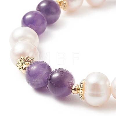 Natural Amethyst & Pearl Round Beaded Stretch Bracelet for Women BJEW-JB09246-01-1