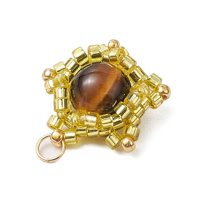 Natural Tiger Eye & Handmade Glass Seed Beaded Star Pendants PALLOY-MZ00491-02-1