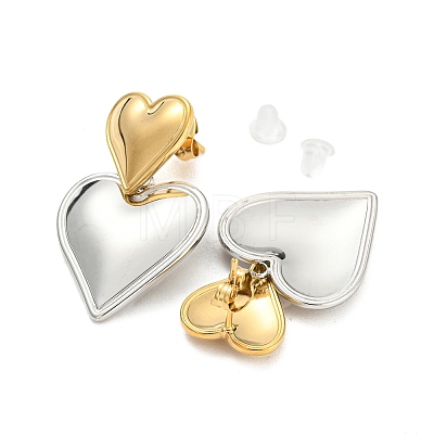 304 Stainless Steel Double Heart Dangle Stud Earrings for Women EJEW-D076-01D-GP-1