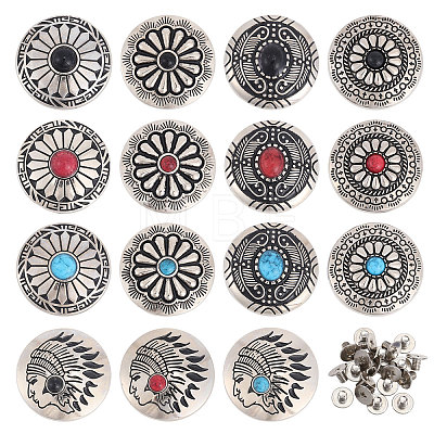 CHGCRAFT 15 Sets 15 Styles Flower/Indian Head Alloy & Imitation Turquoise Craft Solid Rivet FIND-CA0008-74-1