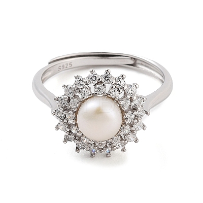 Flower Natural Pearl & Cubic Zirconia Finger Rings STER-Z009-06P-1