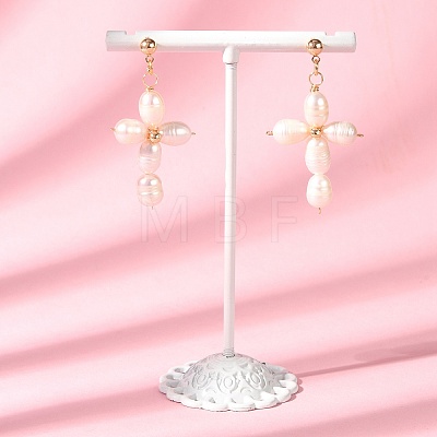 Natural Pearl Beaded Cross Dangle Stud Earrings EJEW-JE05257-1