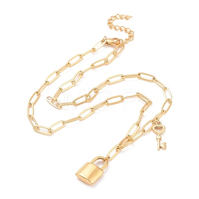 304 Stainless Steel Padlock and Skeleton Key Pendant Necklace for Women NJEW-G018-11G-1