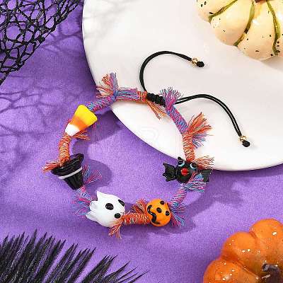 Halloween Handmade Lampwork Ghost Pumpkin Bat Braided Bead Bracelets BJEW-TA00771-1