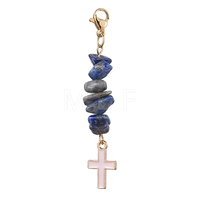 5Pcs 5 Style Natural Mixed Gemstone Chips & Alloy Enamel Cross Pendant Decorations HJEW-JM01793-S-1